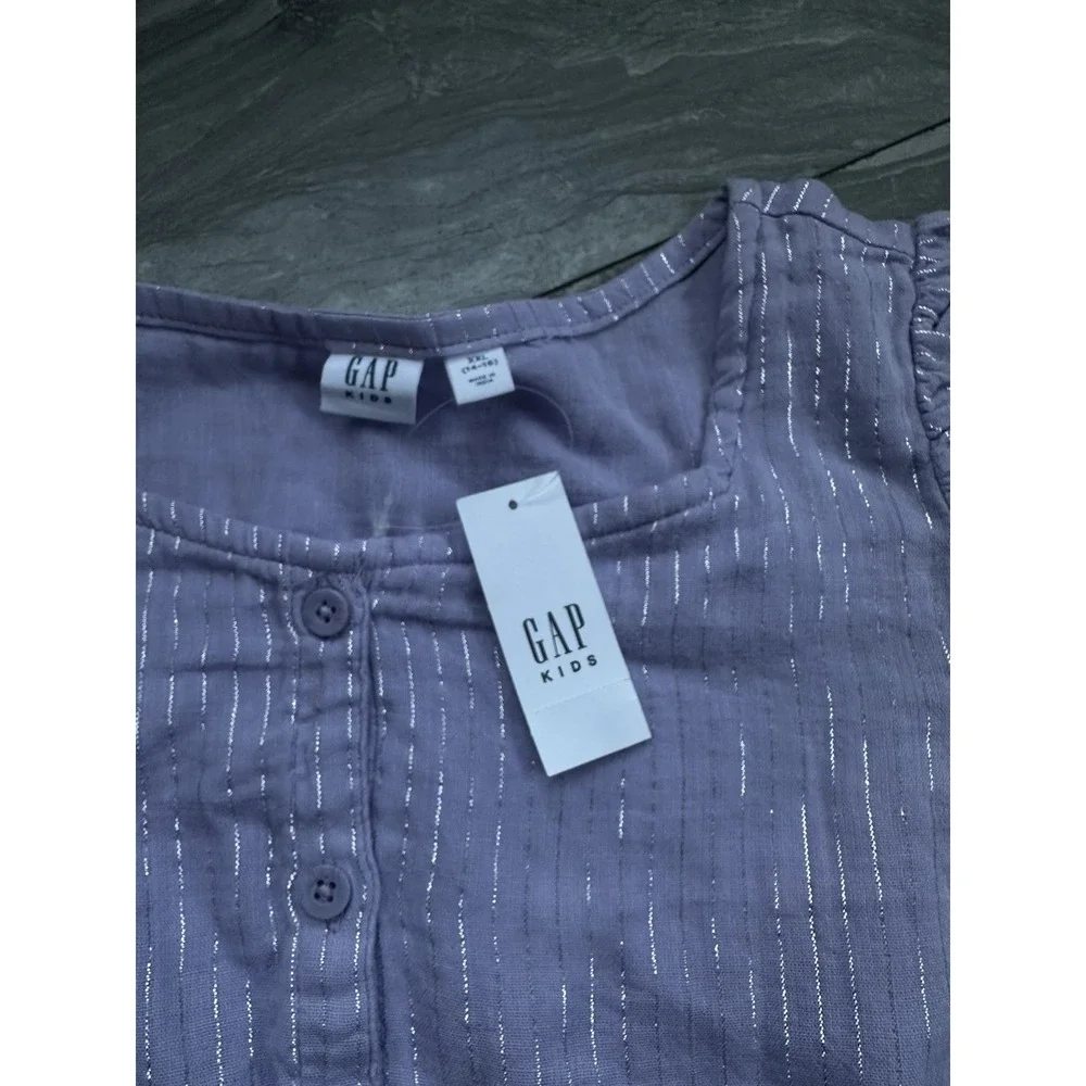 NWT Gap Kids Girls Purple Metallic Stripe Puff Sleeve Tiered Dress XXL 14-16